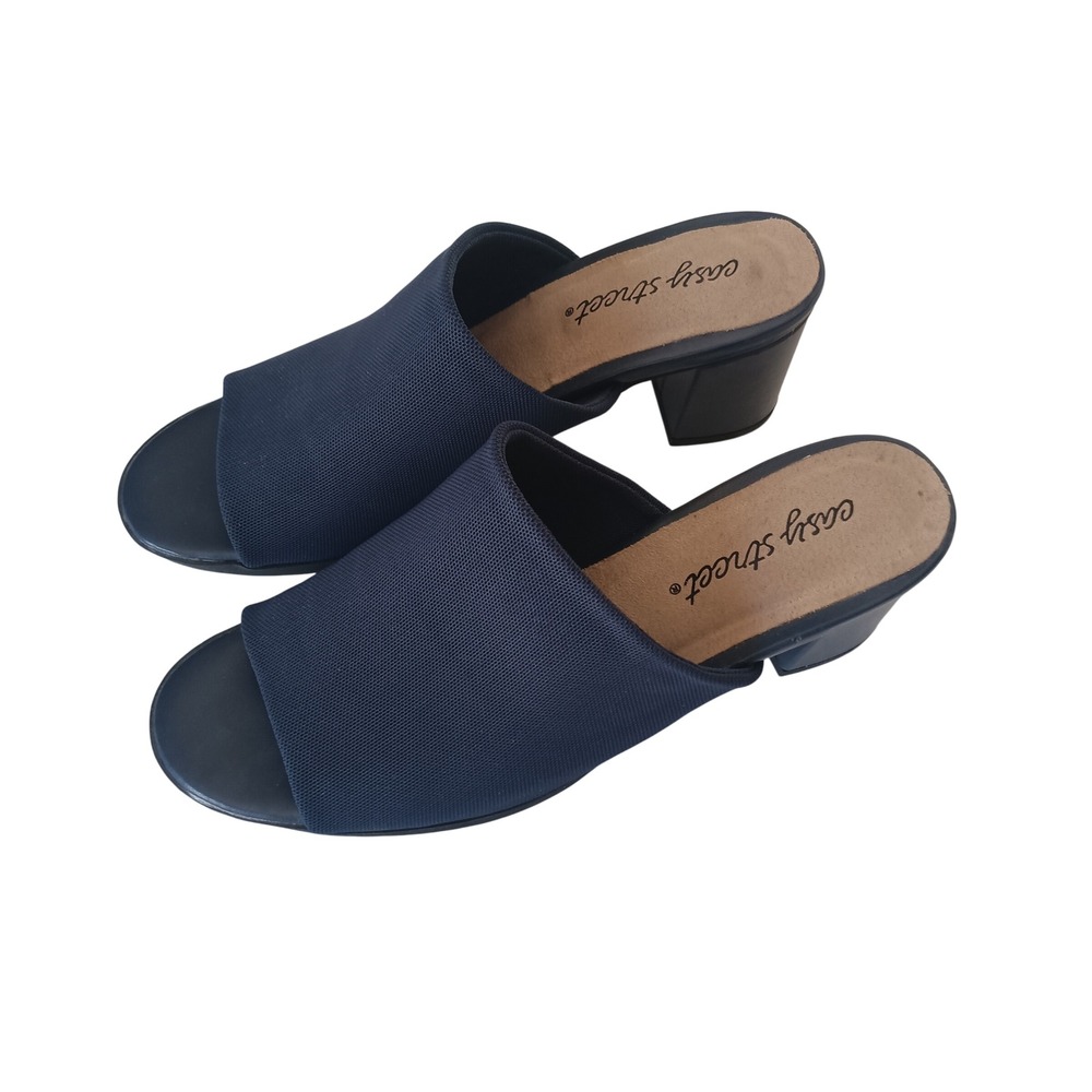 Easy Street Mules Womens 6.5M Navy Blue Fabric Open Toe Block Heel 31-4430